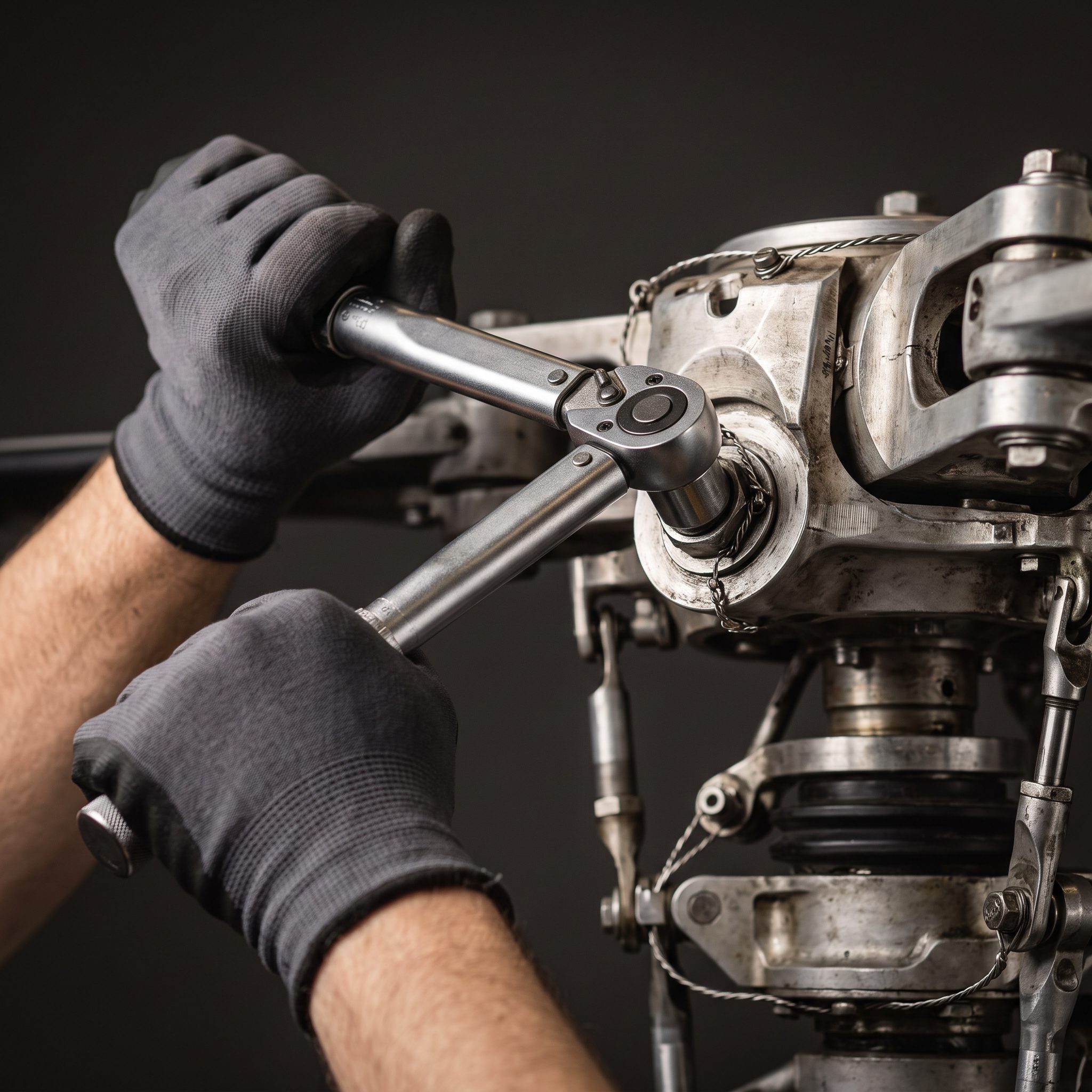 Helicopter component being inspected
