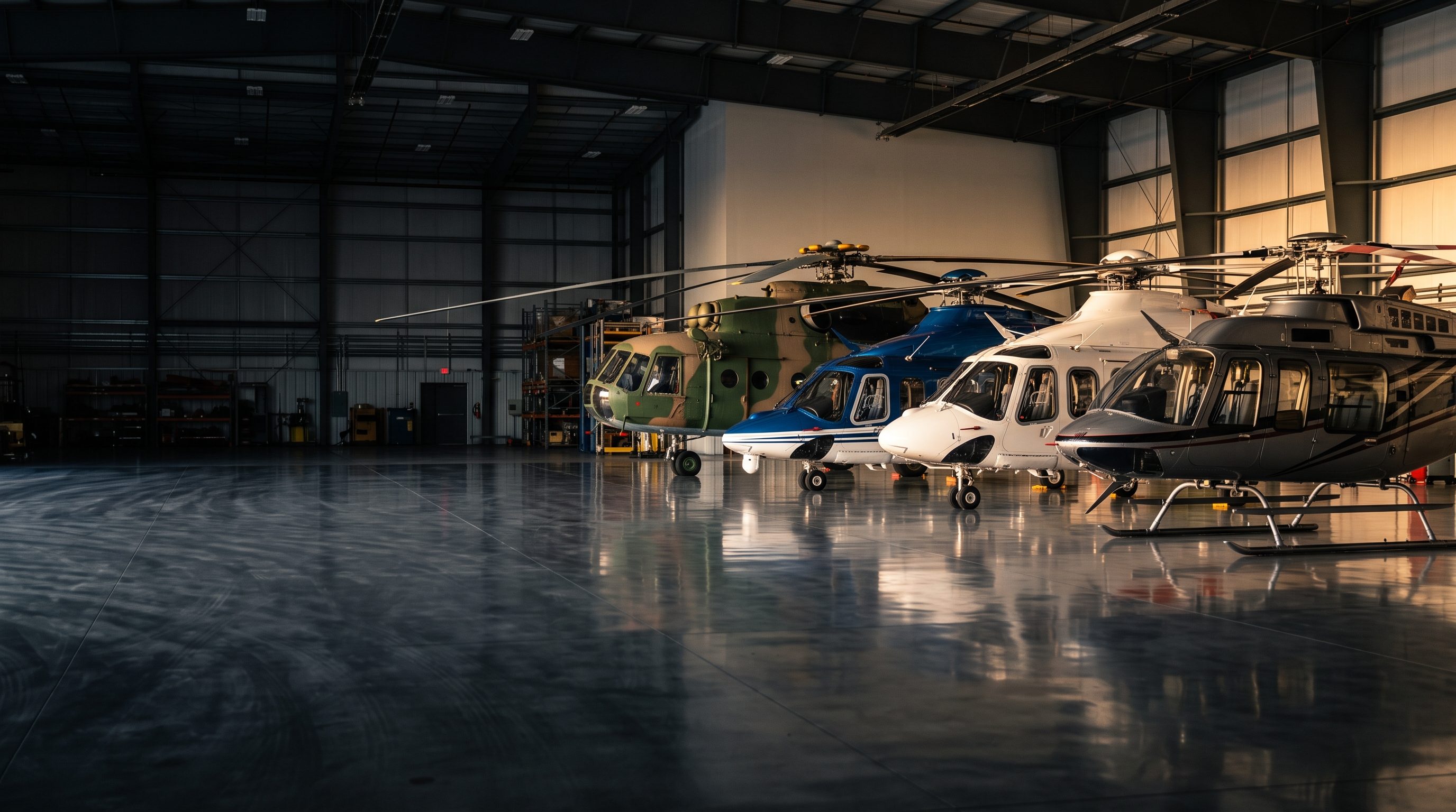 Helicopters landed on a grass field at golden hour