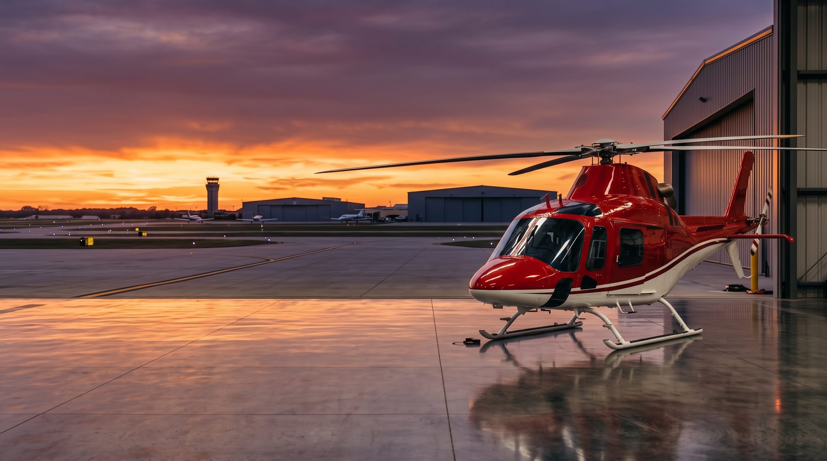 Helicopter landed on a grassy hilltop at dusk