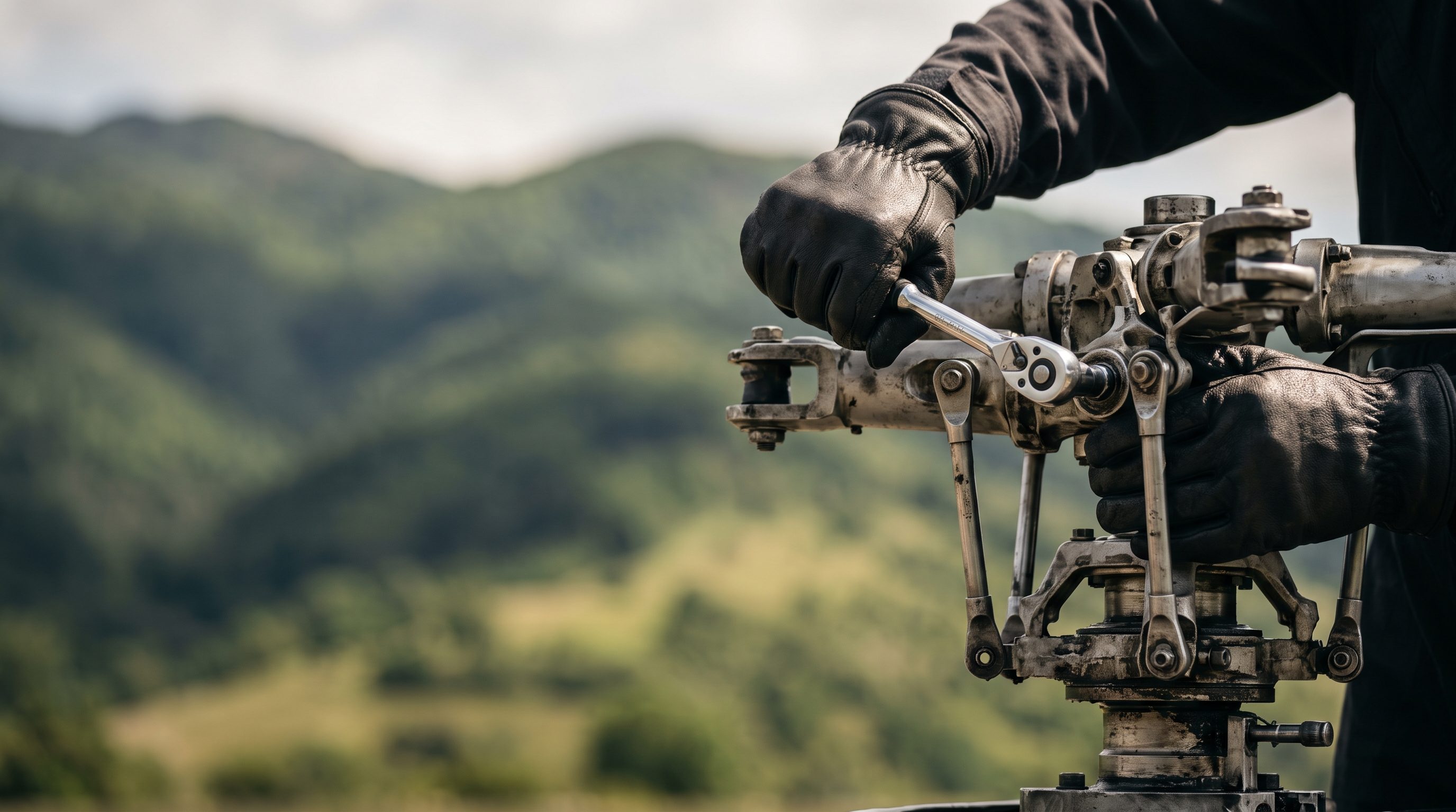 Gloved hands working on a helicopter rotor hub