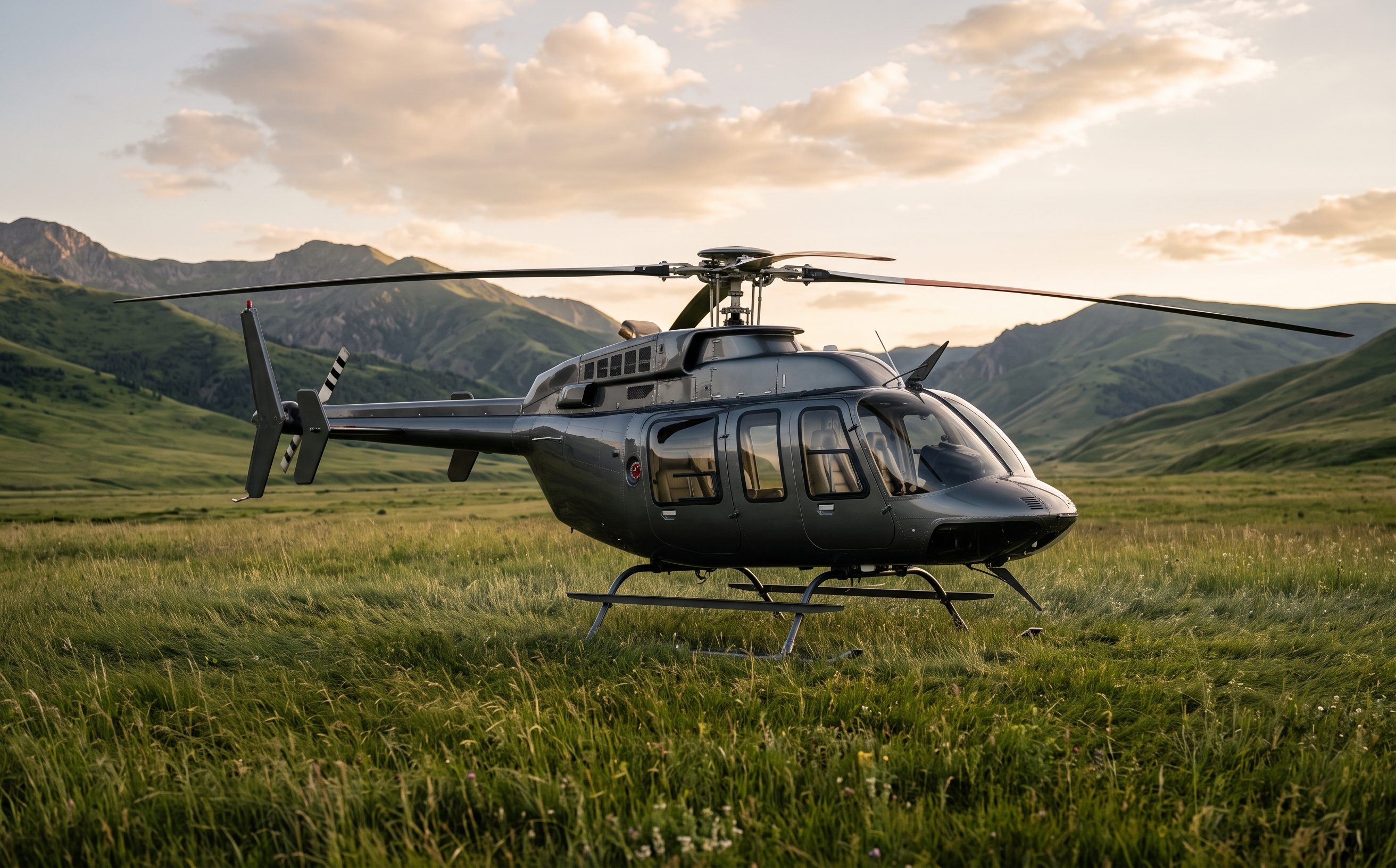 Helicopter landed on a grassy field with mountains behind